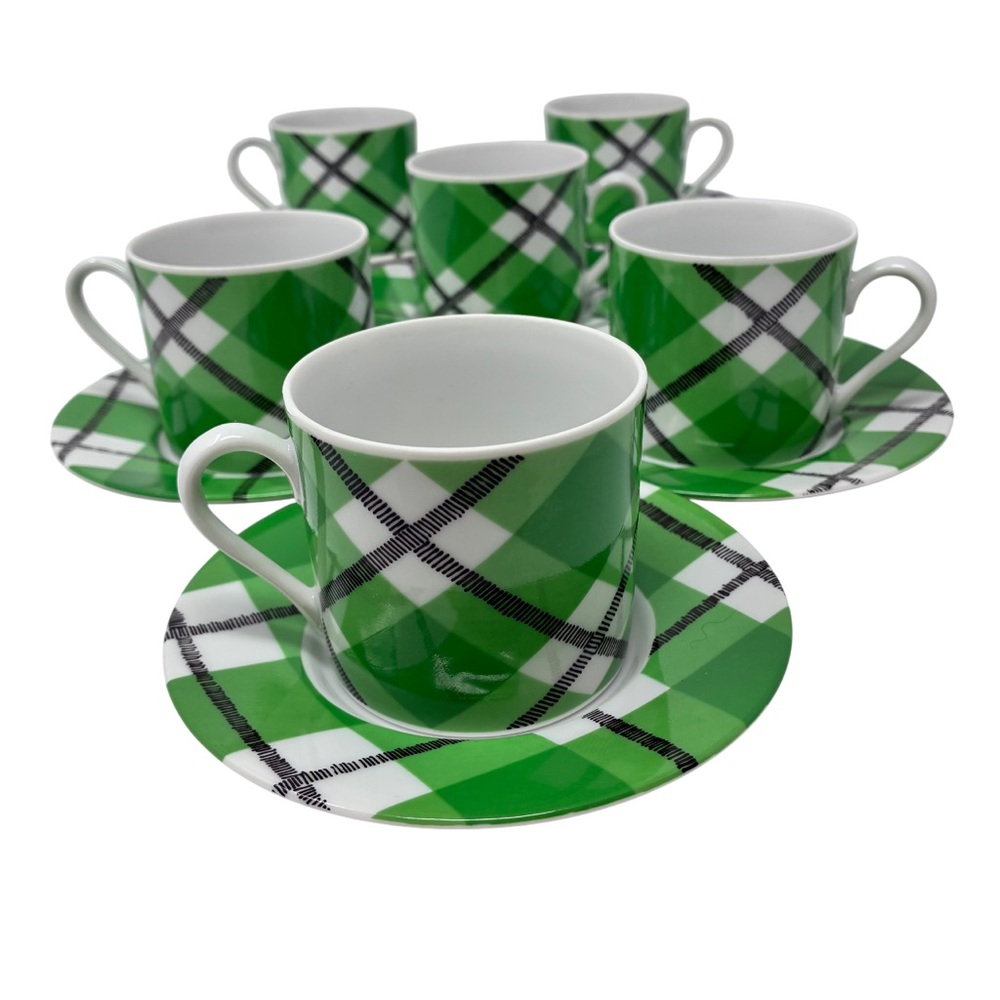 VTG FITZ & FLOYD GREEN Tartan Plaid Demitasse Cups & Saucers Set of 6 Japan MCM